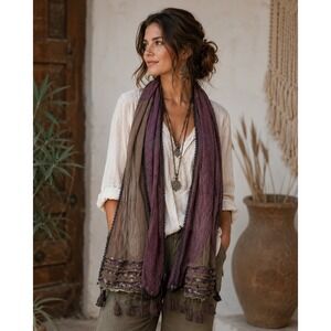 Boho MANYUS Scarf Bohemian Mixed Media Studded Tassel Trim Brown Plum Silver